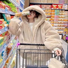 2024韩版宽松毛绒绒外套女冬仿獭兔毛皮草中长款加厚连帽大衣