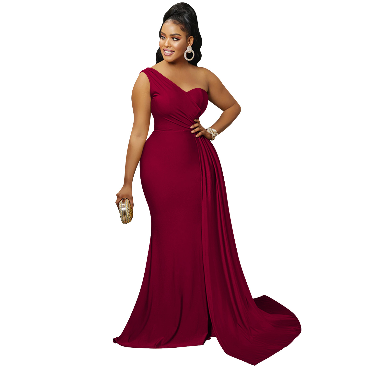 X5819 europeo y americano nuevo AliExpress Amazon moda color sólido partido apretado Vestido de manga de un solo hombro vestido largo para las mujeres image 9