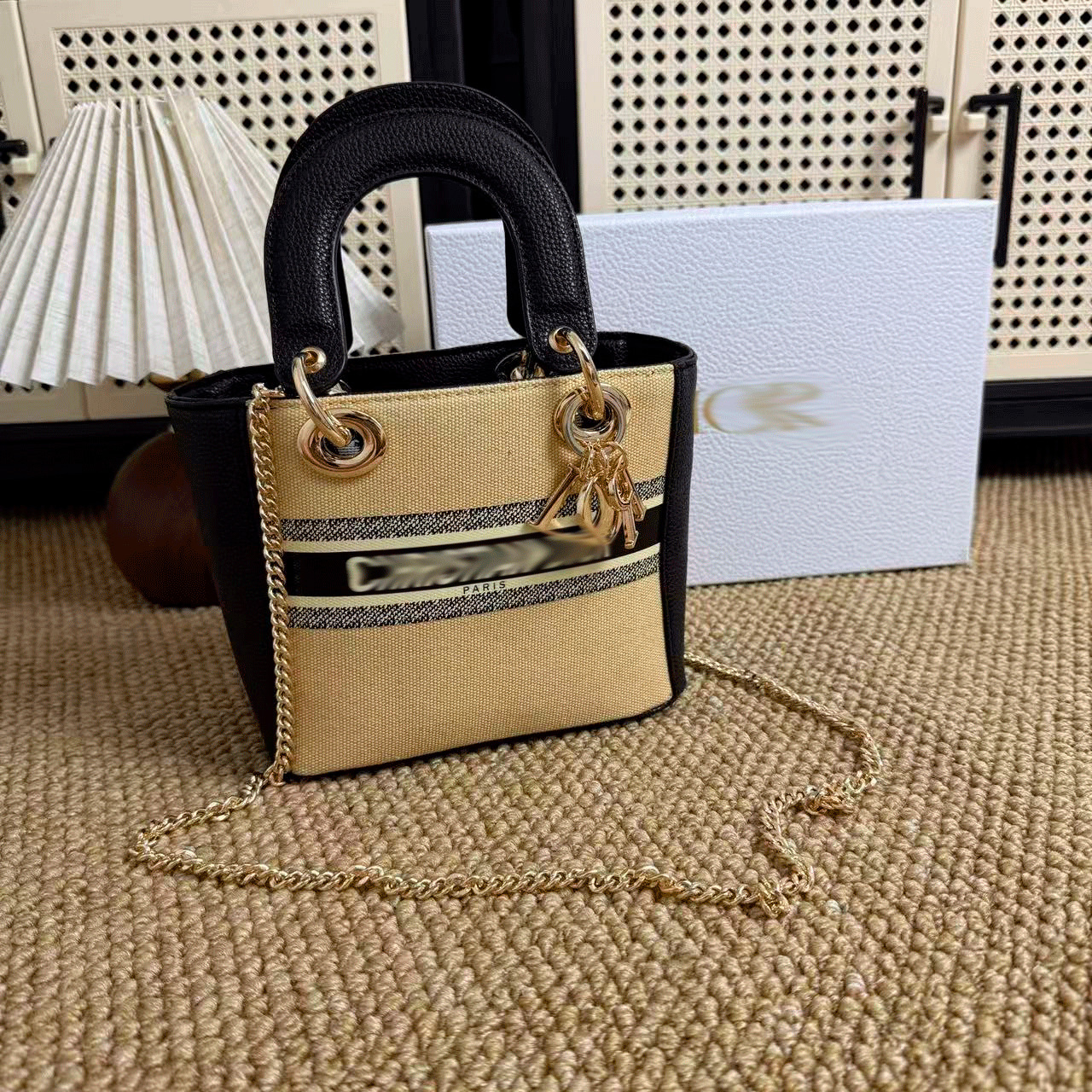 Dior üslubunda mini bucket çanta, kanvas və dəri