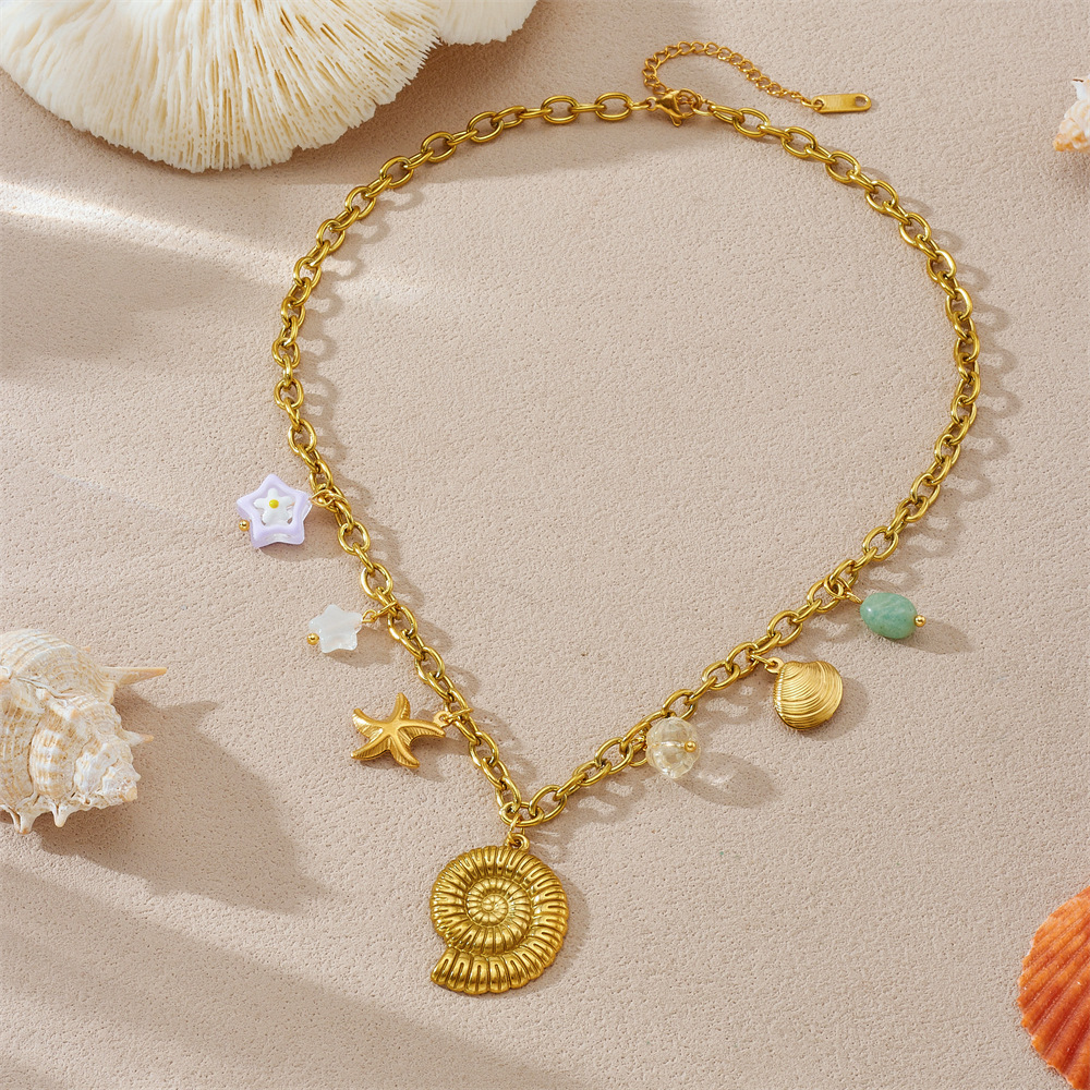 Cartoon Sea Life Gold Plated Conch Scallop Starfish charm stainless steel necklace