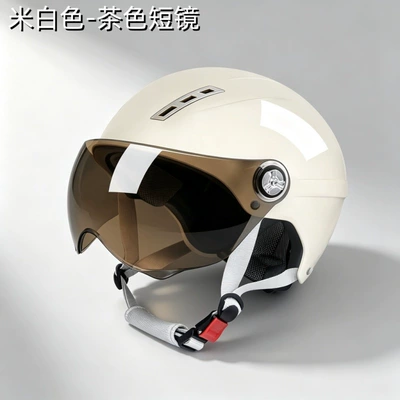 3C certified electric motorcycle helmet for men, summer sun protection half helmet, women's electric scooter helmet, universal safety helmet for all seasons (Motosiklet kaskı (dəbilqə)) - x9-off-white-brown-short-glasses