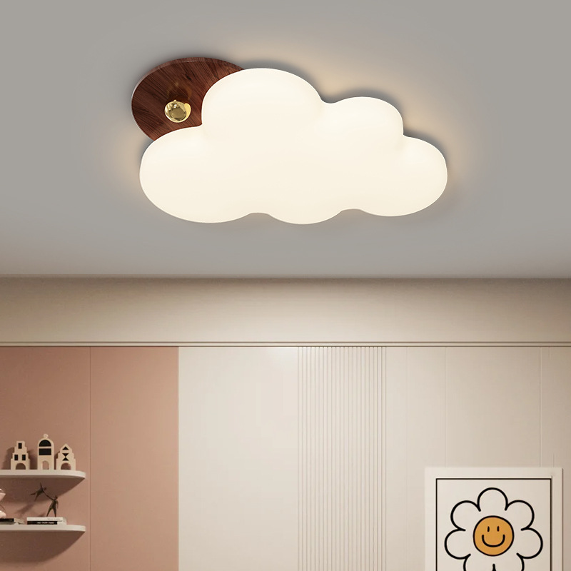 中古风胡桃木色云朵吸顶灯护眼卧室灯创意奶油风星星儿童房间灯具