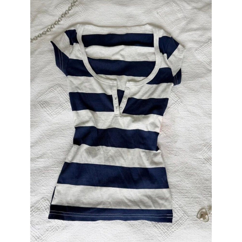 【Official Image Original Fabric】Fashionable Retro Blue Striped Color-Blocking Casual Versatile Niche Style Short-Sleeve Top