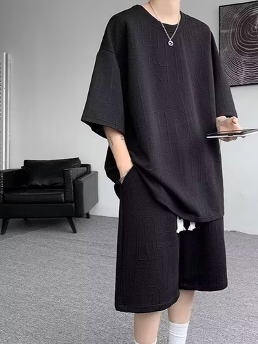 Heavy short-sleeved casual sports suit for men, thin summer wear, loose quarter pants, two-piece waffle suit