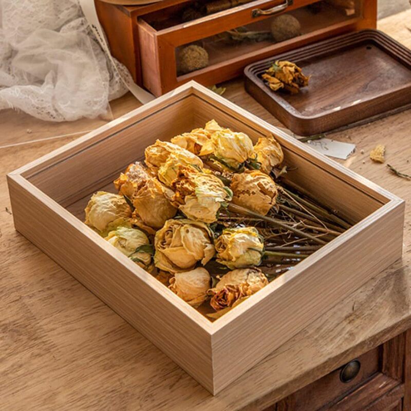 Wooden dried flower photo frame dried flower display stand decorative floating photo frame light oak floating photo frame double glass photo frame