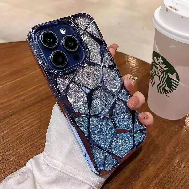 Electroplated Rhombus Glitter Phone Case Suitable for 16Promax Gradient Soft Shell 3D Feel Diamond Tpu Phone Case