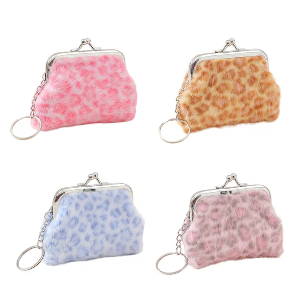 Customized Logo Plush Bag Leopard Print Bag 3inch Clip Bag Coin Purse Earphone Candy Storage Keychain Bag