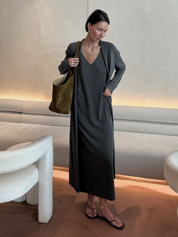 Bộ đầm dài kèm áo cardigan dệt kim dài tay nữ — Màu cà phê đậm, Màu hồng, Màu trắng, Màu xám chi tiết 95