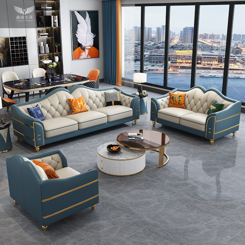 Combinación de sala de estar Sofá de cuero con hebilla de tracción americana Sofá de cuero de lujo ligero Piel de vaca de primera capa Apartamento grande y pequeño Cuatro rectos