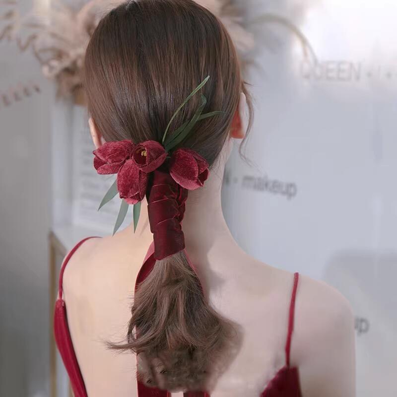 乾杯ドレス、ヘッドドレス、ブライダルフォレストスタイル、スーパーフェアリーワインレッドチューリップフラワーヘアピン、ベルベットヘアバンド、ウェディングドレスアクセサリー|undefined