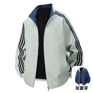 春秋款双面穿三条杠潮流立领夹克男两面穿棒球服百搭休闲外套上衣