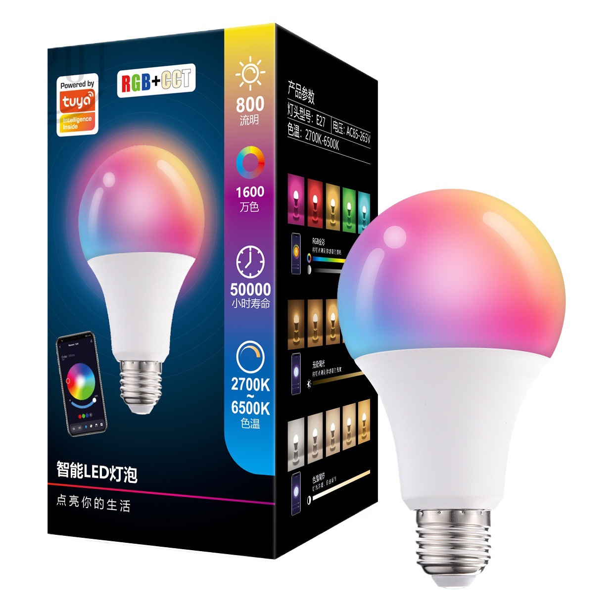 Bombilla inteligente Tuya con Bluetooth RGBCW, control por teléfono móvil, aplicación, bombilla inteligente, luz LED