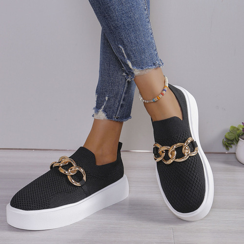 Metal chain wedge thick sole one-piece breathable lightweight mesh women's casual flat shoes for plus sizes