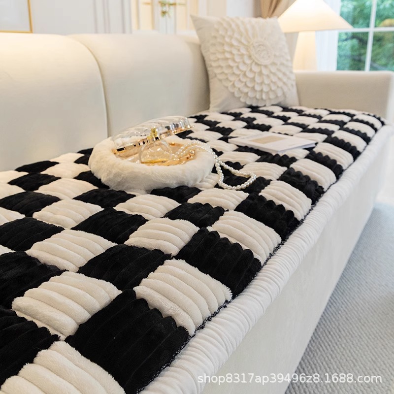 北欧奶油色毛绒手工沙发垫棋盘格馒头座垫防滑飘窗垫可榻榻米