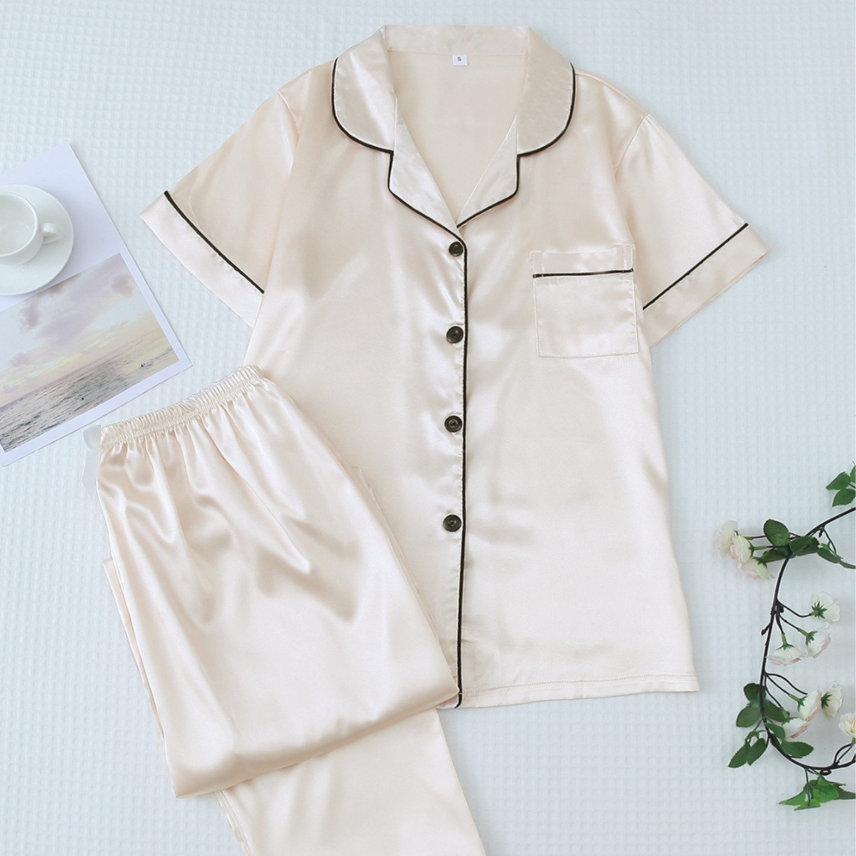 Dames satijnen nachtkleding set - korte mouwen en lange broek - zachte en comfortabele huiskleding (diverse kleuren en maten)_voghion.com