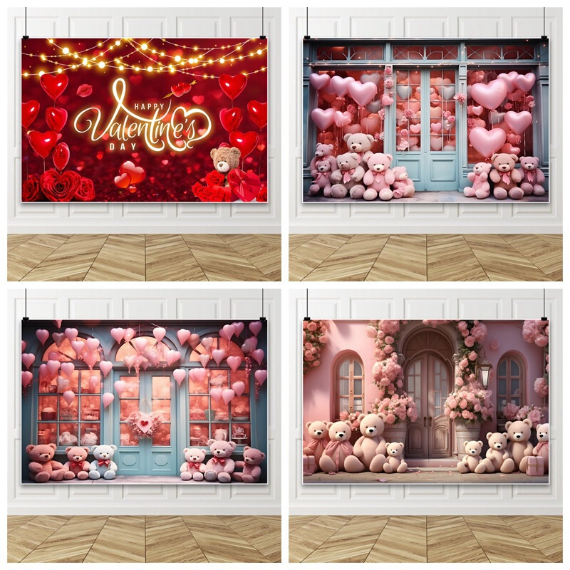 Romantic Valentine's Day Red Flower Wall Pink Heart Bear New Style Photo Material Photography Background Cloth Banner Romantic Valentine's Day Red Flower Wall Pink Heart Bear New Style Photo Material Photography Background Cloth Banner