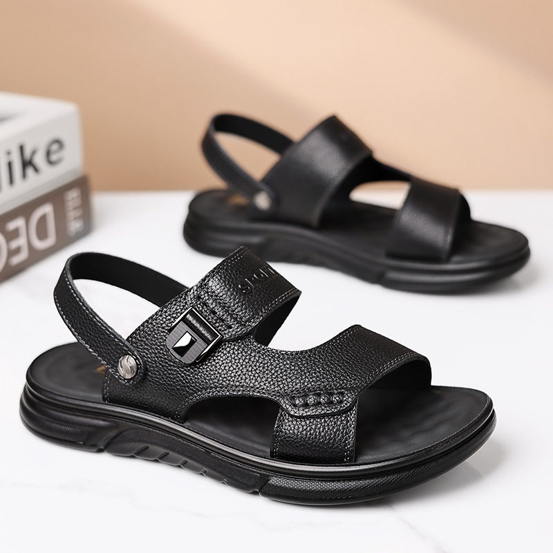 Dép sandal nam da bò thật hở ngón, đế mềm chống trượt, thoáng khí đi biển và sinh hoạt hằng ngày — 51218 Màu nâu, 51218 Màu đen