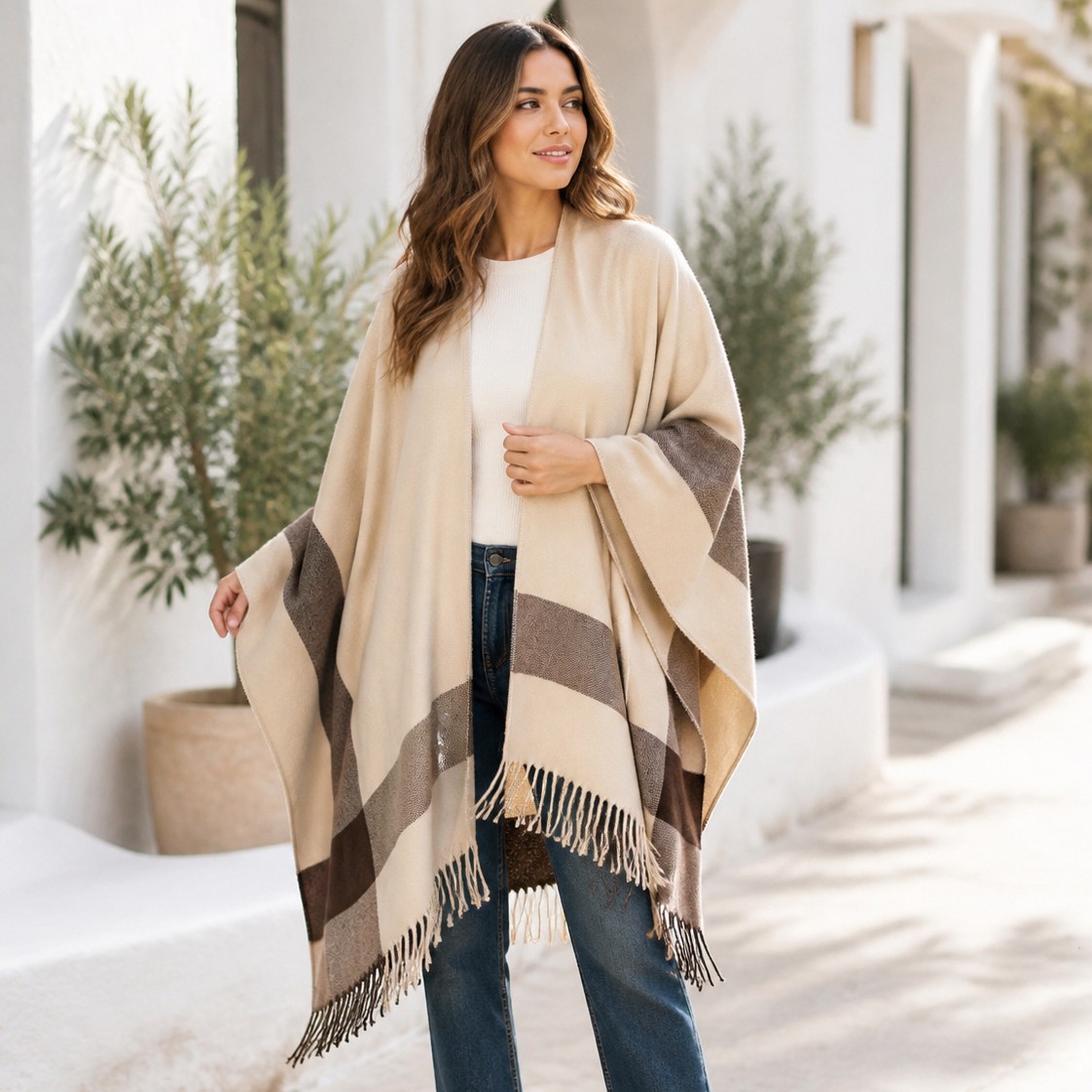 Wholesale European and American Brand Warm Shawls for Women, Spring Split Fringe Striped Plaid Capes on Amazon