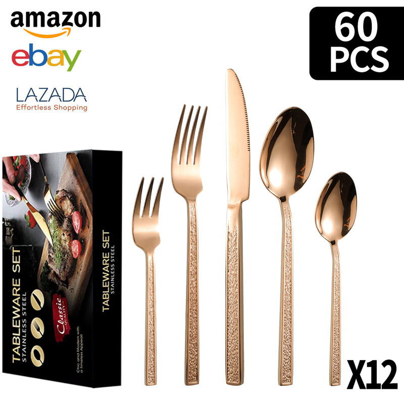 クロスボーダーステンレス食器角ハンドル石模様20/30/40/60ピースセットチタンメッキ洋食器ステーキナイフ、フォーク、スプーン|undefined