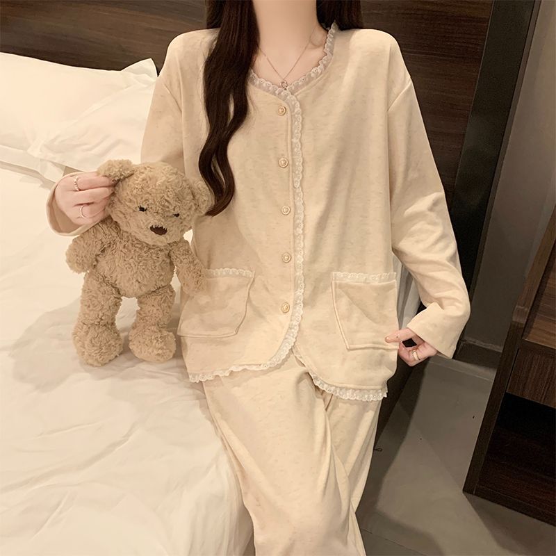 德绒睡衣女款秋冬季韩系甜美ins花边开衫长袖加厚保暖家居服套装|undefined