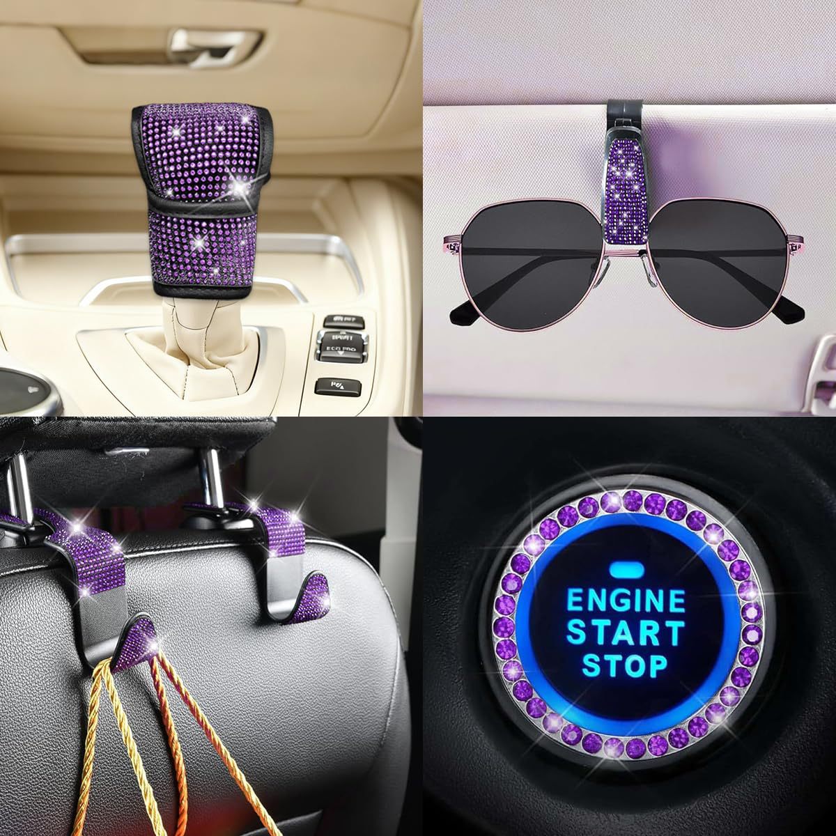 11-Piece Car Interior Set with Diamond-Encrusted Steering Wheel Cover, Car Hook, Glasses Holder, One-Touch Start Ring