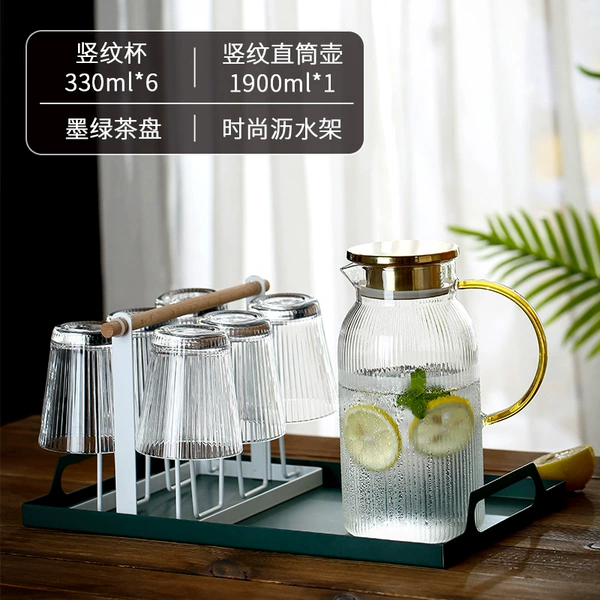 Straight pot 1900ML [gold lid] + 6 vertical cups + dark green tray + fashionable cup holder