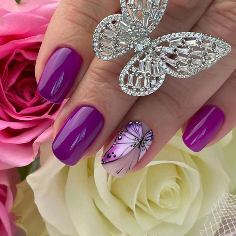 Bright Purple mid-length European-style nail piece Purple Gradient butterfly manicure spring and summer new fashion nail piece wear nail Bright Purple mid-length European-style nail piece Purple Gradient butterfly manicure spring and summer new fashion nail piece wear nail