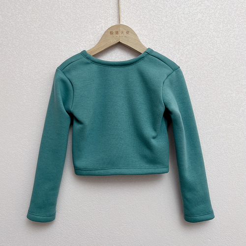 Thickened velvet children's dance clothing, autumn and winter long-sleeved dance jacket, bean green Chinese dance sweater shawl
