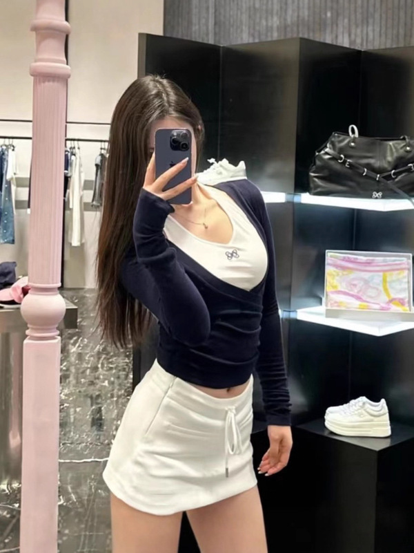 正确版2025秋冬新款高级感挂脖吊带皱褶不规则假两件长袖上衣女|undefined