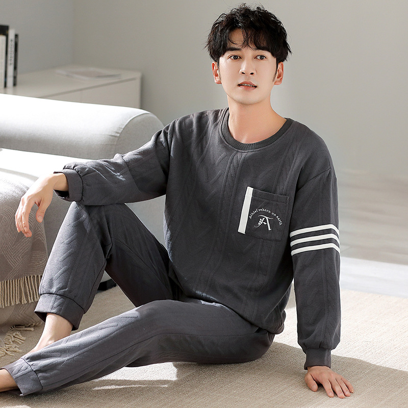 Pijamas de algodón de aire para hombres otoño y invierno engrosados manga larga primavera y otoño intercalado coreano nuevo conjunto de ropa de hogar caliente