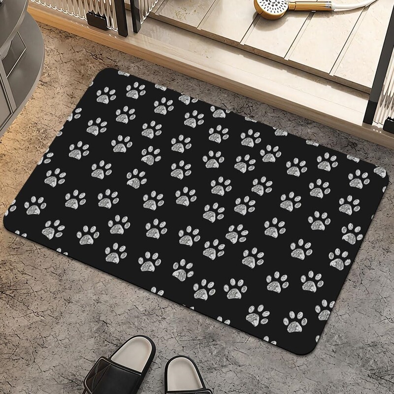 Cross-Border Exclusive Supply of Black Background Sketch Dog Paw Print Simple Cute Pet Style Bathroom Flannel Floor Mat Home Carpet Decoration