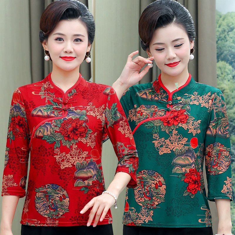 Мама весенняя летняя иностранная футболка нижняя рубашка среднего и пожилого возраста женская одежда национальный стиль ретро с рукавами из семи точек чонсам топ