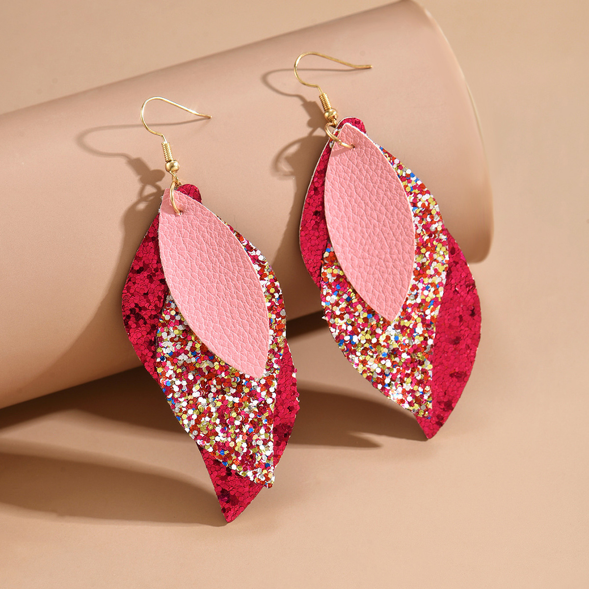 跨境欧美风三层树叶形状皮革PU耳环耳饰纯色亚马逊速卖通小众设计