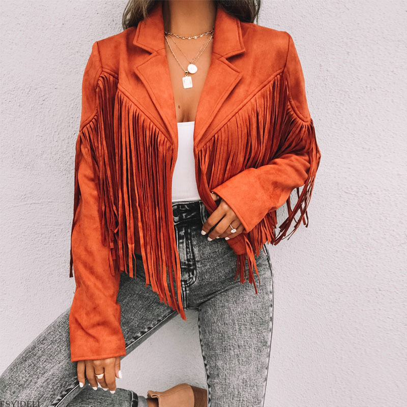 solid color PU leather velvet lapel tassel crop jacket NSYDL135650