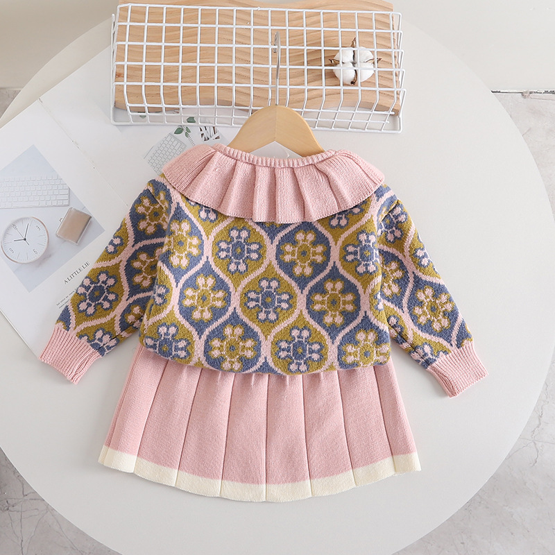 Robe pull longue pour filles, nouveau style jacquard d'automne et d'hiver, ensemble tricoté deux pièces, encolure inversée pour bébé fille_voghion.com
