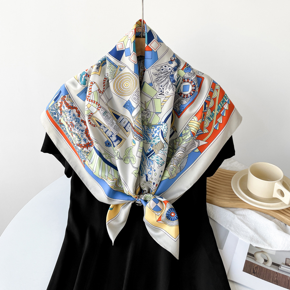 Großer, quadratischer Schal aus 90 % Kunstseide für Damen, Retro-Stil, hochwertiger Halswärmer, leicht, atmungsaktiv, weich, auch als Haargummi verwendbar._voghion.com
