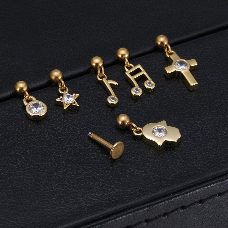 Zircon Inlay Material 1 Piece 316L Stainless Steel Zircon Ear Cartilage Rings & Studs Star Waterproof Non Tarnish Surgical Steel 14K Gold Plated