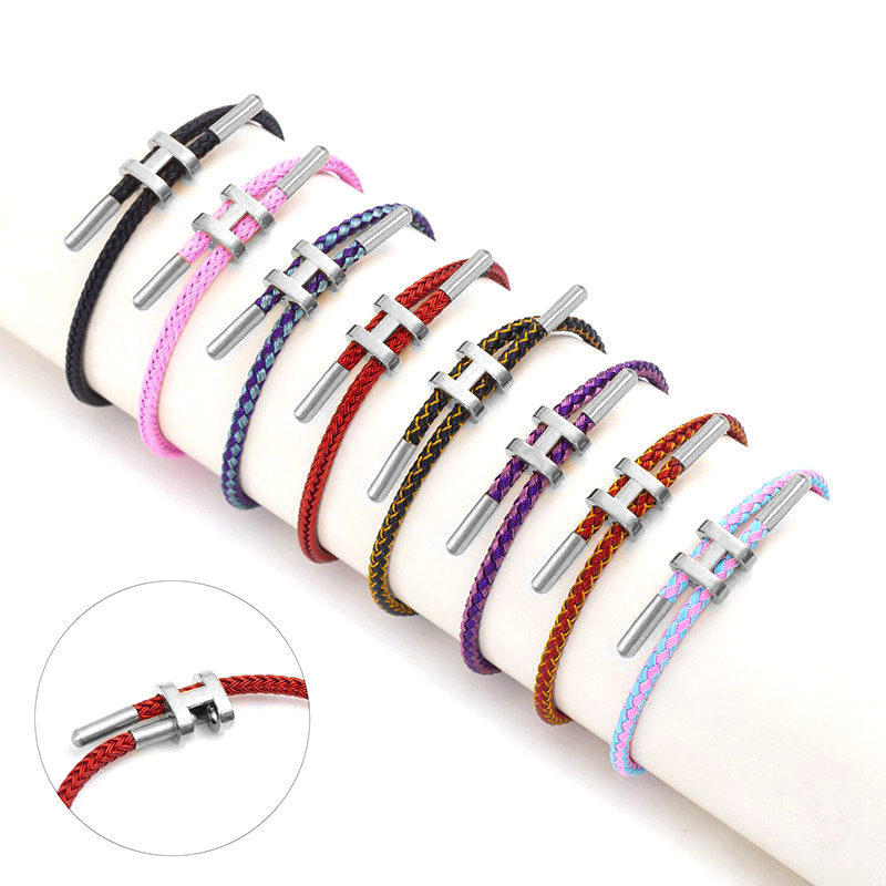 Steel Color H-Shaped Hand Rope Buckle Stainless Steel Hand Rope Bracelet 3D Hard Gold with Rope Adjustable Titanium Steel Waterproof and Sweat-Proof Bracelet