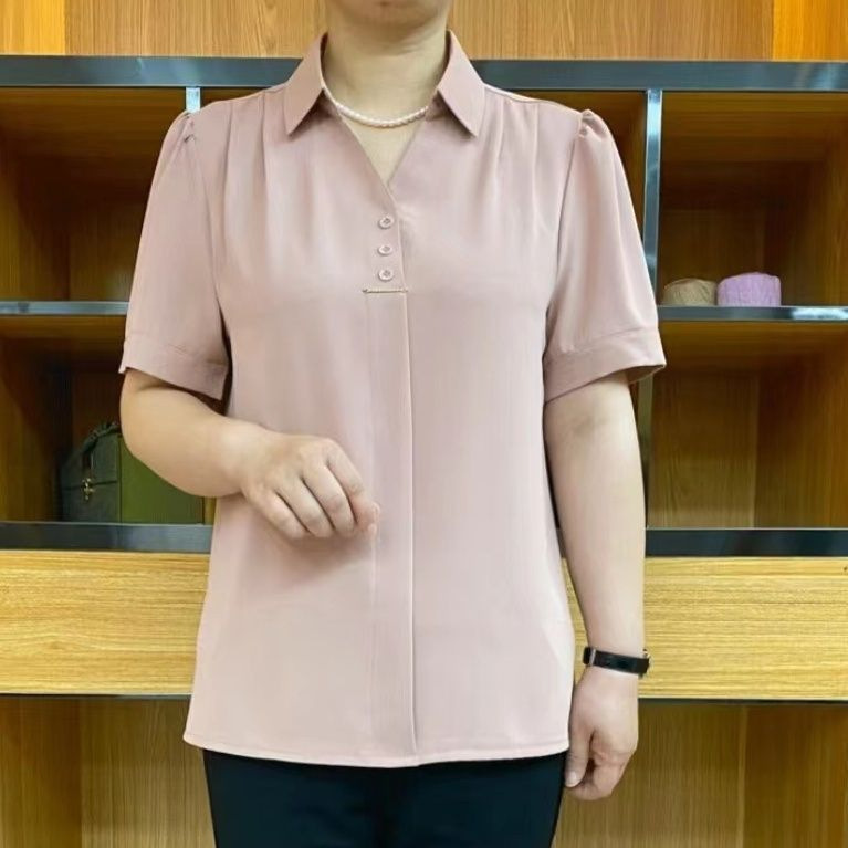 Summer New High-End Middle-Aged Mother's Shirt, Stylish Pure Color Short-Sleeved Shirt, Fashionable Top for 40 to 50 Years Old Summer New High-End Middle-Aged Mother's Shirt, Stylish Pure Color Short-Sleeved Shirt, Fashionable Top for 40 to 50 Years Old
