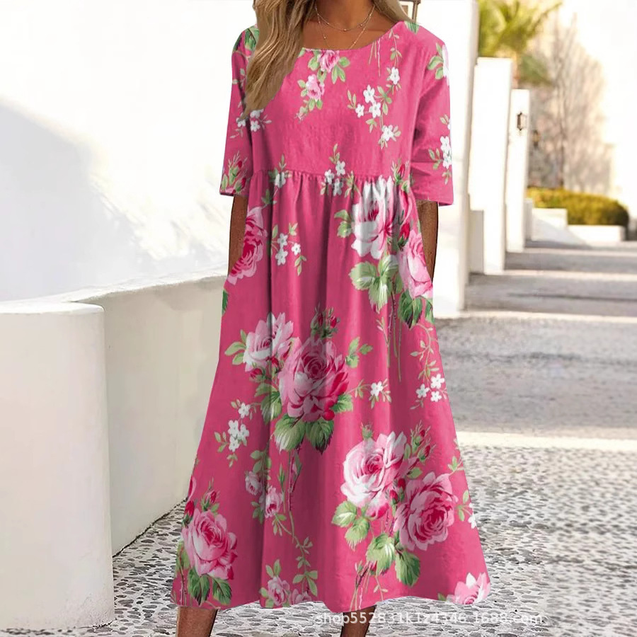 Ladies' Round-Neck Short-Sleeved Mid-Length Fitted Dress With Print For Summer_ecoleips.com