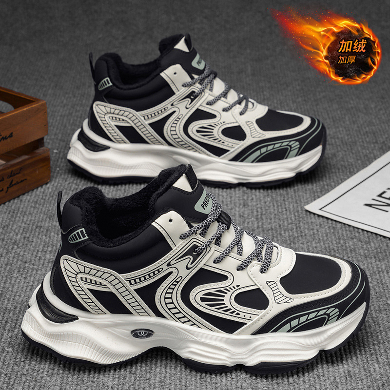 Winter Men's Shoes, Fleece-Lined High-Top Sneakers For Men, Trendy Versatile Thick-Soled Warm Cotton Casual Dad Shoes_vogvips.com