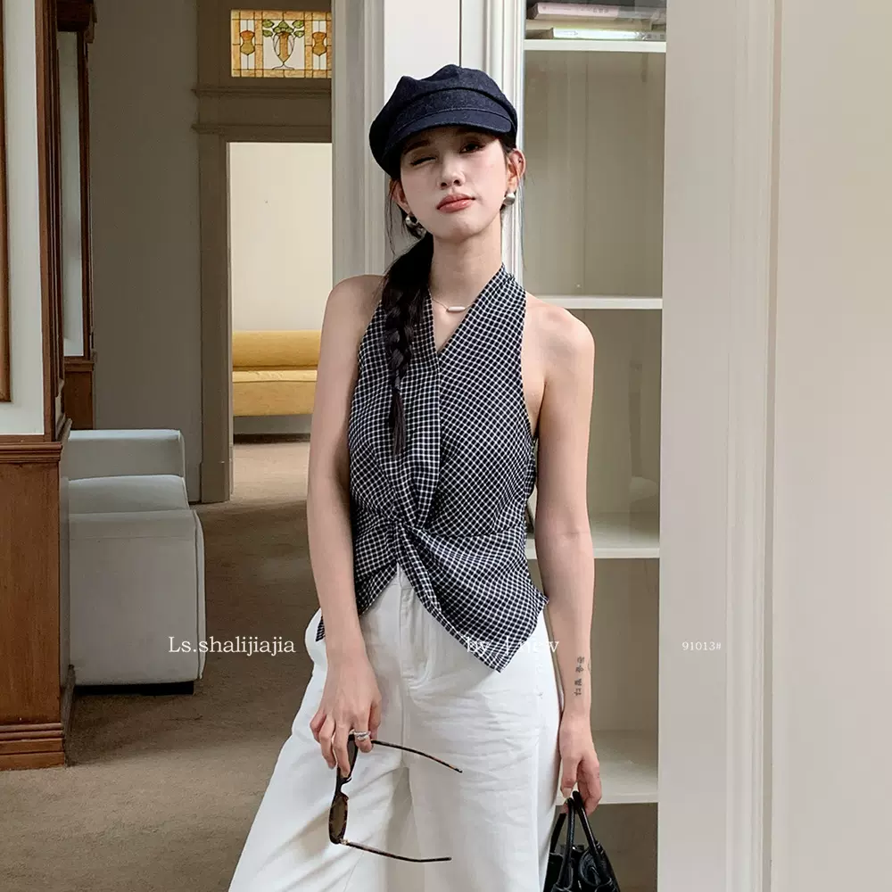 LS述致 气质条纹挂脖无袖背心上衣2025年夏季新款女装小衫91013#