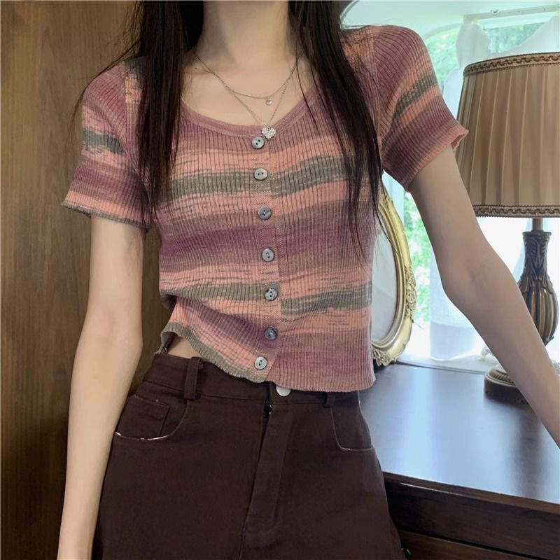 High-qualiTy French STripesd T-shirT ShorT abg Sexy ShorT-sleeved Top for Women Summer High-waisTed Jeans wiTh KniTTed Open