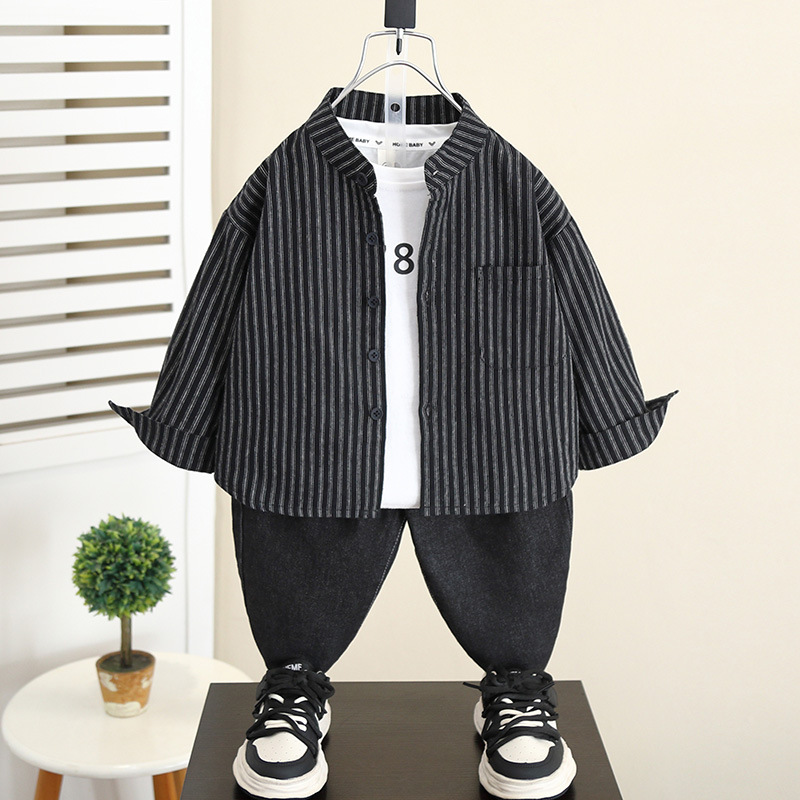 5842 Camisa de manga larga para niños Estilo de primavera y otoño 2024 Nuevo estilo Chaqueta de camisa a rayas de otoño para niños