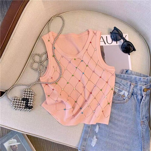 Ladies' Small French Style Strapless Backless Top, Summer Bestselling Diamond-embellished Sleeveless Round Neck Bodycon Top