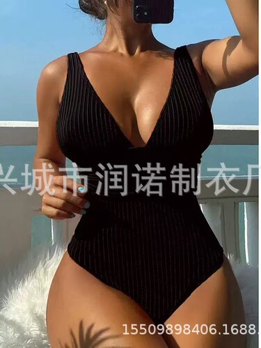 2025 New AliExpress European and American Style 2024 New One-Piece Solid Color Vertical Stripe Fabric Sexy Slim-Fit Slimming Swimsuit