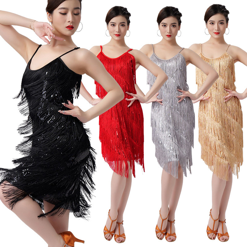 Gold red black fringe latin dance dresses for women girls adult