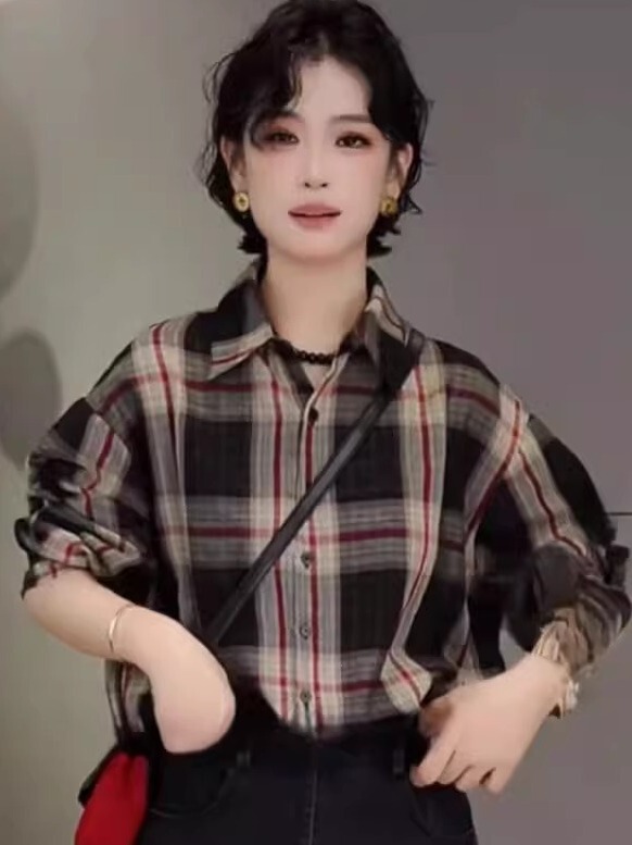 欧货2025秋季新款法式气质松弛感长袖衬衫女宽松撞色条纹格子上衣|undefined