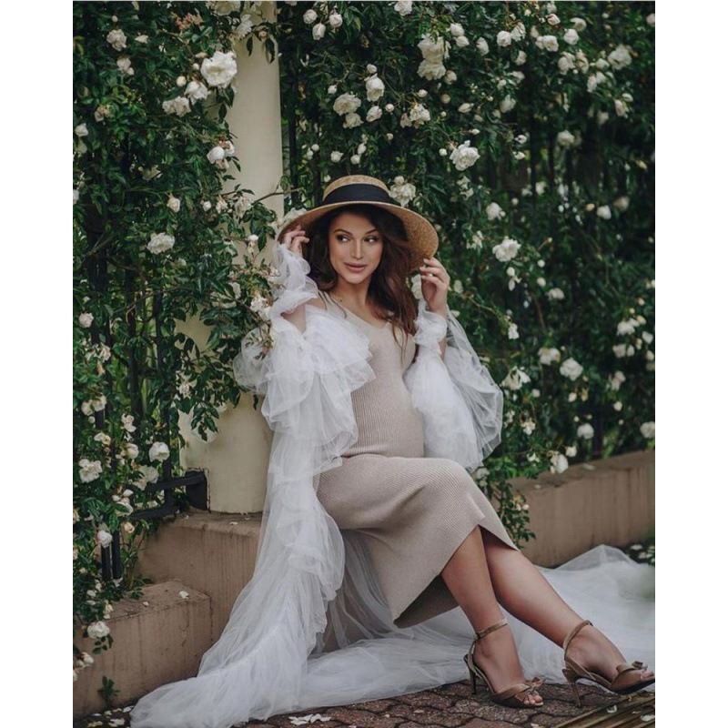 European and American pregnant women fashion white mesh long dress studio photography clothing sweet solid color loose dress