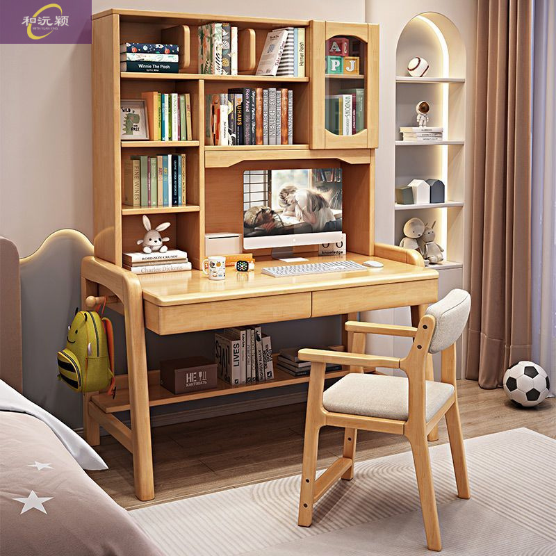 New Solid Wood Desk Bookshelf Integrated Home Student Writing Desk Bedroom Children's Study Table Desktop Computer Desk